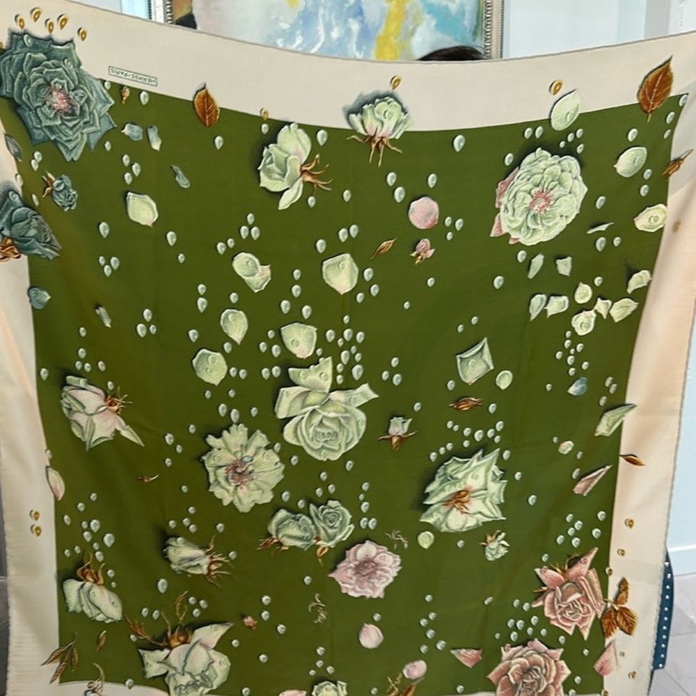 Hermes Floral Green Silk Scarf. La Rosée".Designated by Anne GAVARNI